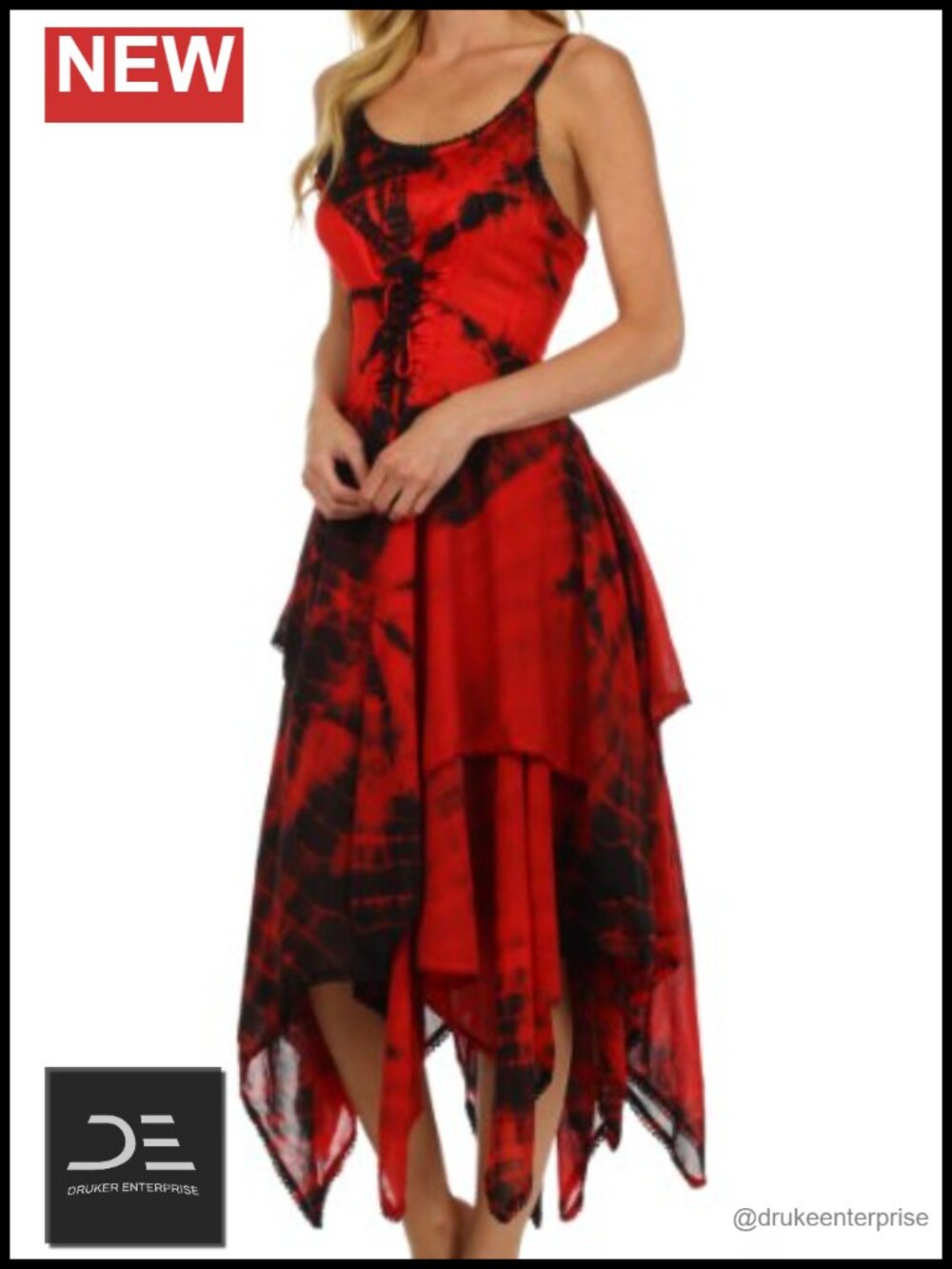 Tie-Dye Corset Bodice Handkerchief Hem Dress – Adjustable Straps, Cotton Blend - Picture 2 of 5
